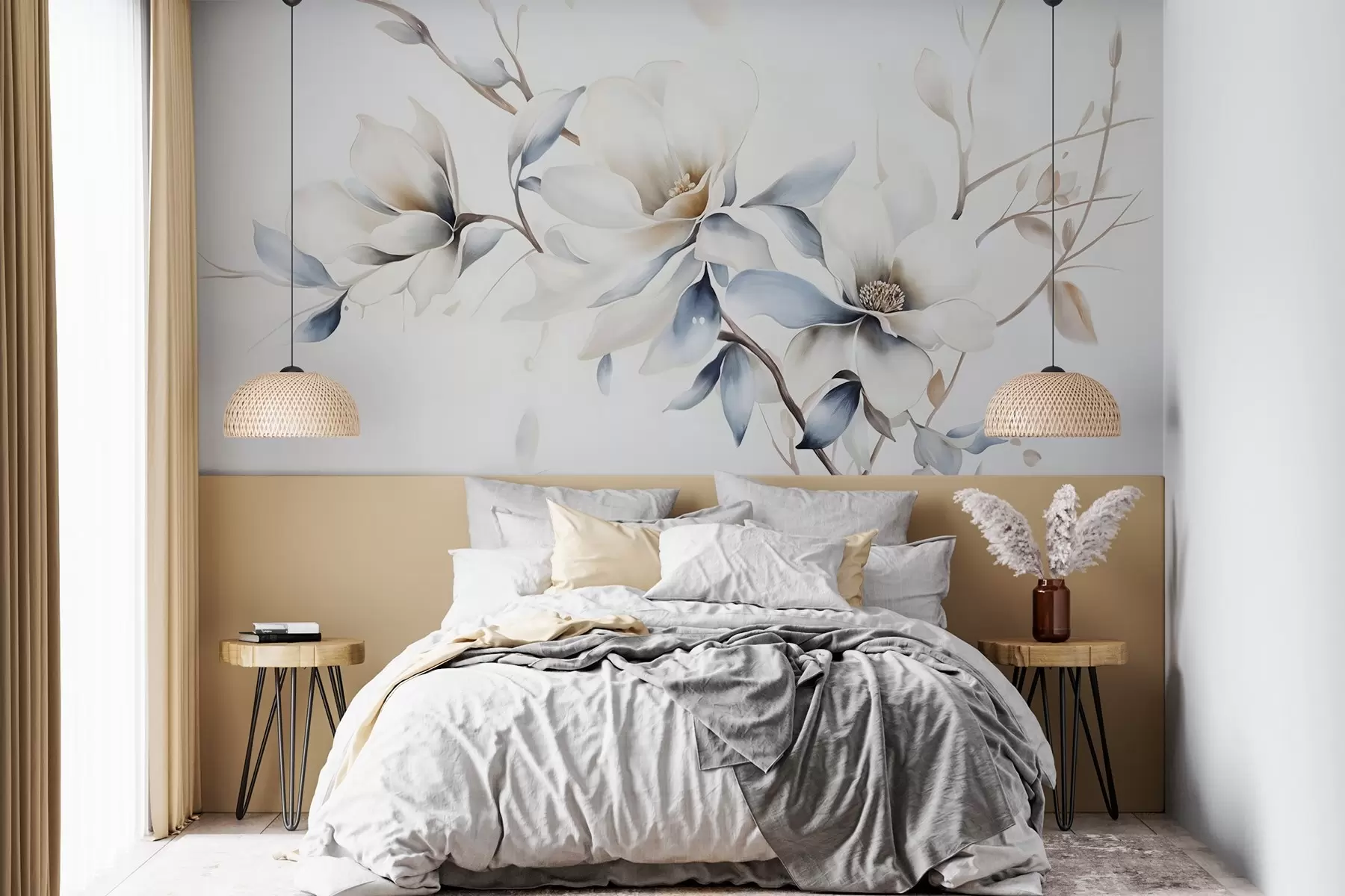 murales de pared Delicadas flores blancas de magnolia con suaves pétalos azules sobre un fondo claro acuarela imitación minimalismo  w08644