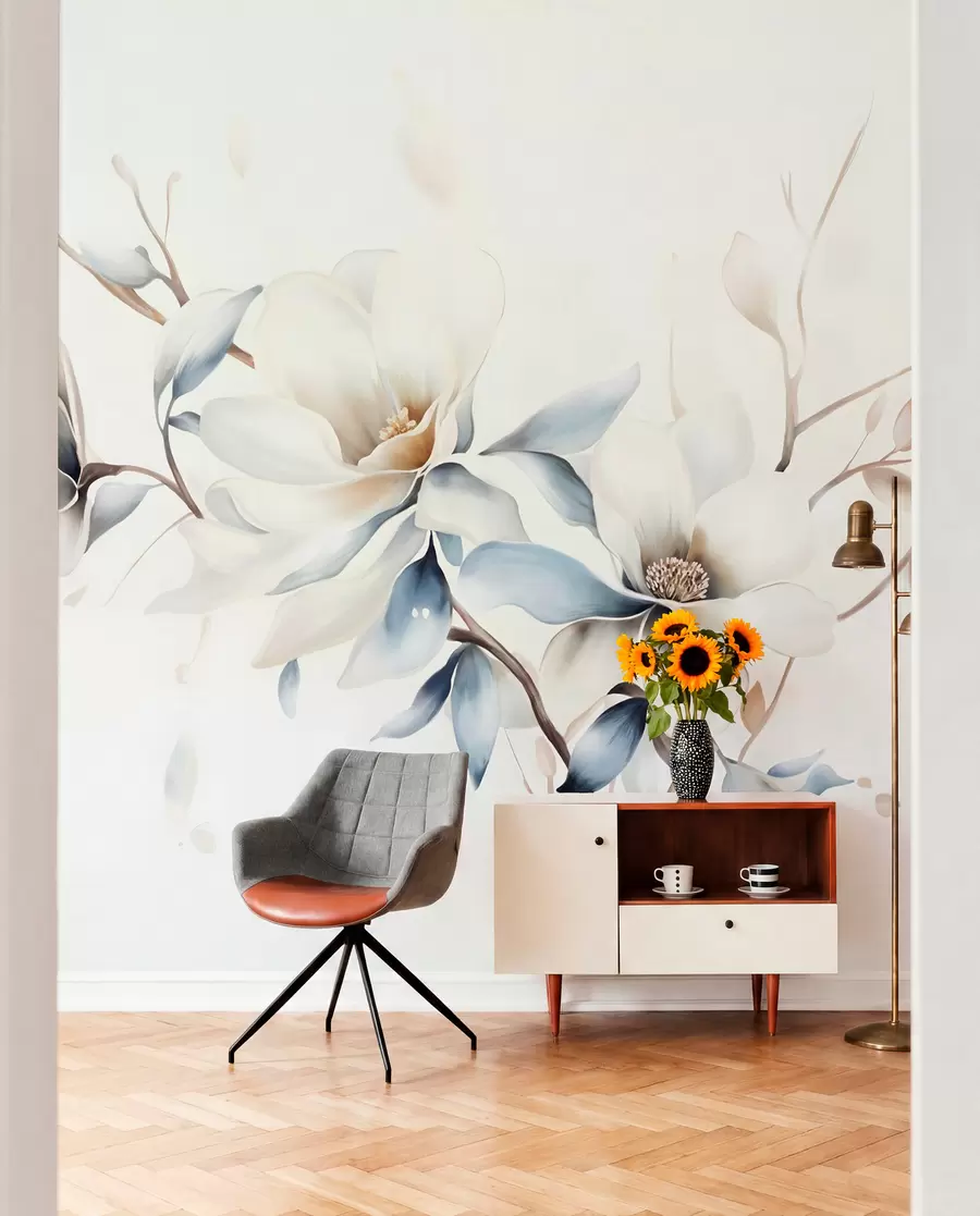 murales de pared Delicadas flores blancas de magnolia con suaves pétalos azules sobre un fondo claro acuarela imitación minimalismo  w08644