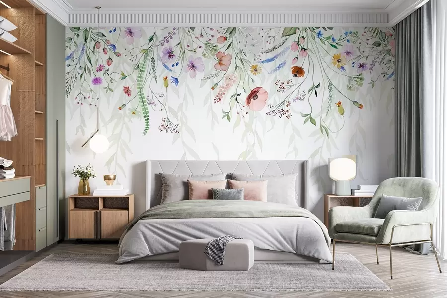 murales de pared Un colorido estampado floral en cascada con varias flores, hojas y plantas en estilo acuarela   w08646