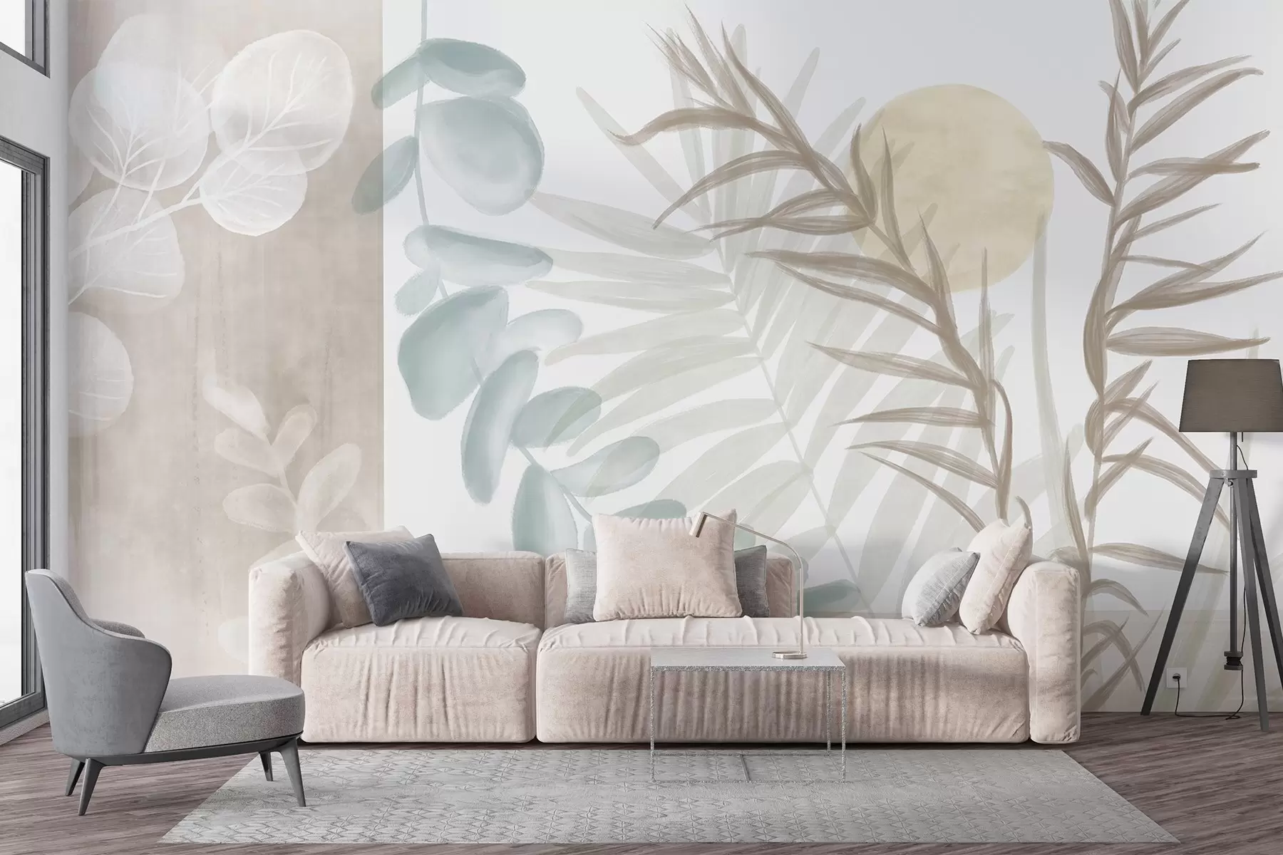 murales de pared Un estampado abstracto minimalista con hojas estilizadas y eucaliptos con formas orgánicas suaves y beige en colores pastel apagados w08648
