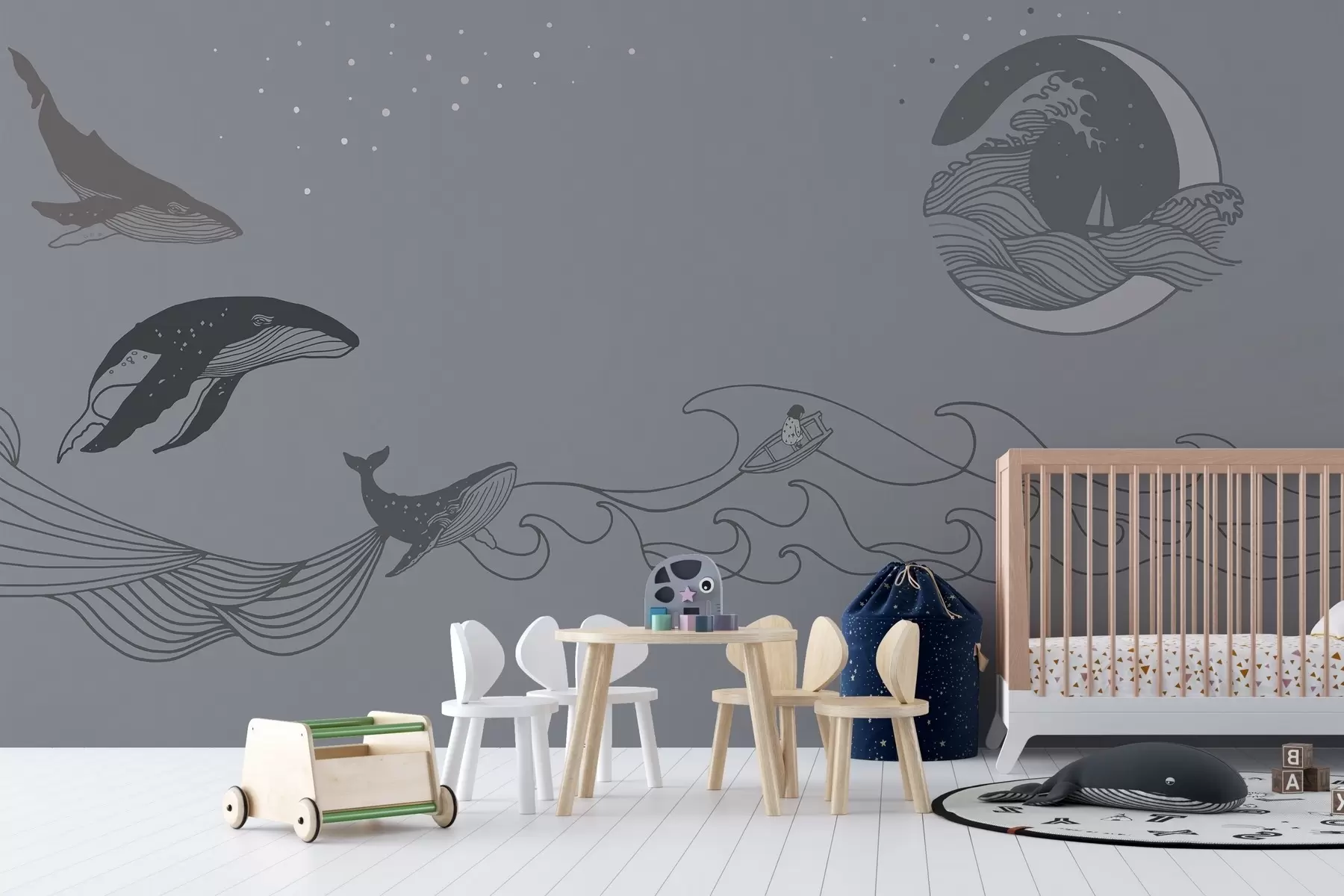 murales de pared Ballenas y olas en el arte lineal minimalista w02774v3