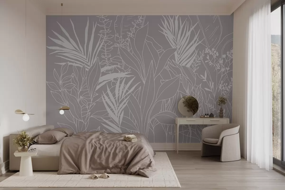 murales de pared Line Art botánico sobre fondo neutro w02775