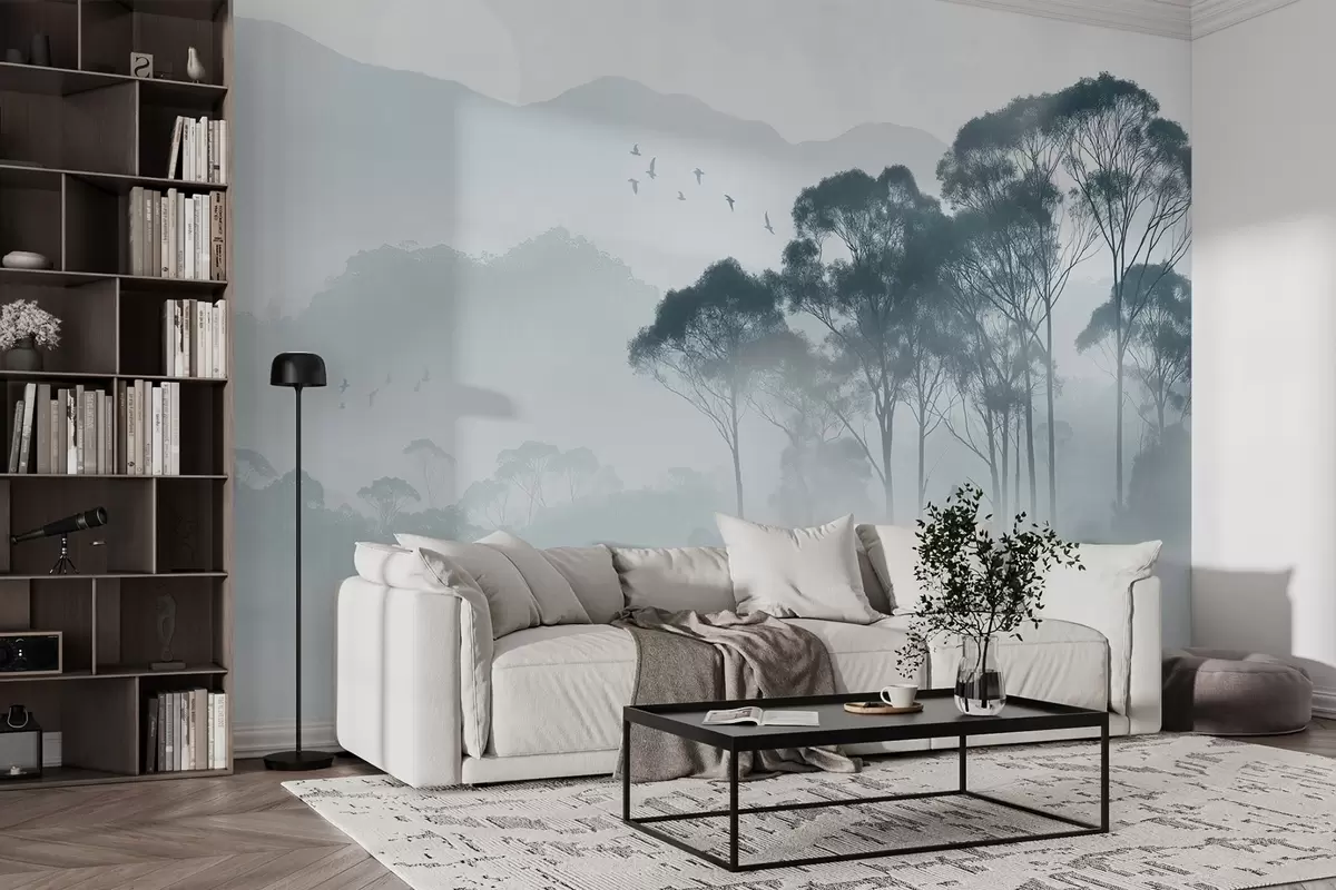 Murales de pared Árboles en la niebla, paisajes de naturaleza, pájaros, sol, colores azules w02740v1 murales de pared Árboles en la niebla, paisajes de naturaleza, pájaros, sol, colores azules w02740v1