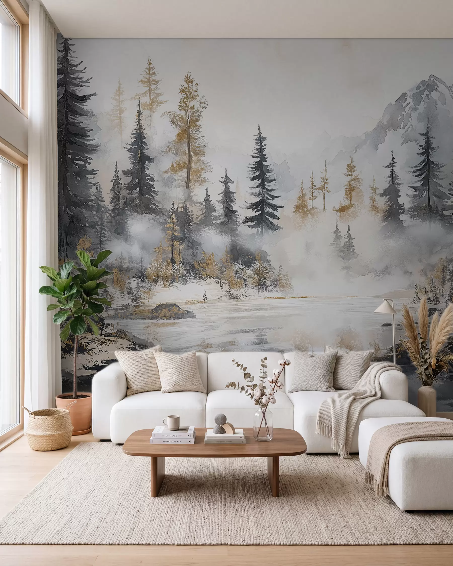 murales de pared Paisaje de invierno con lago y bosque, montañas, darwing estilo pastel w02741