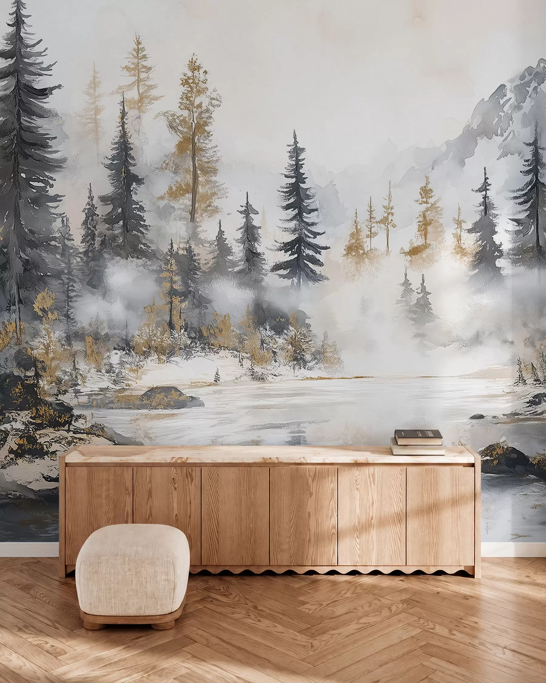 murales de pared Pinos invernales junto al lago w02741