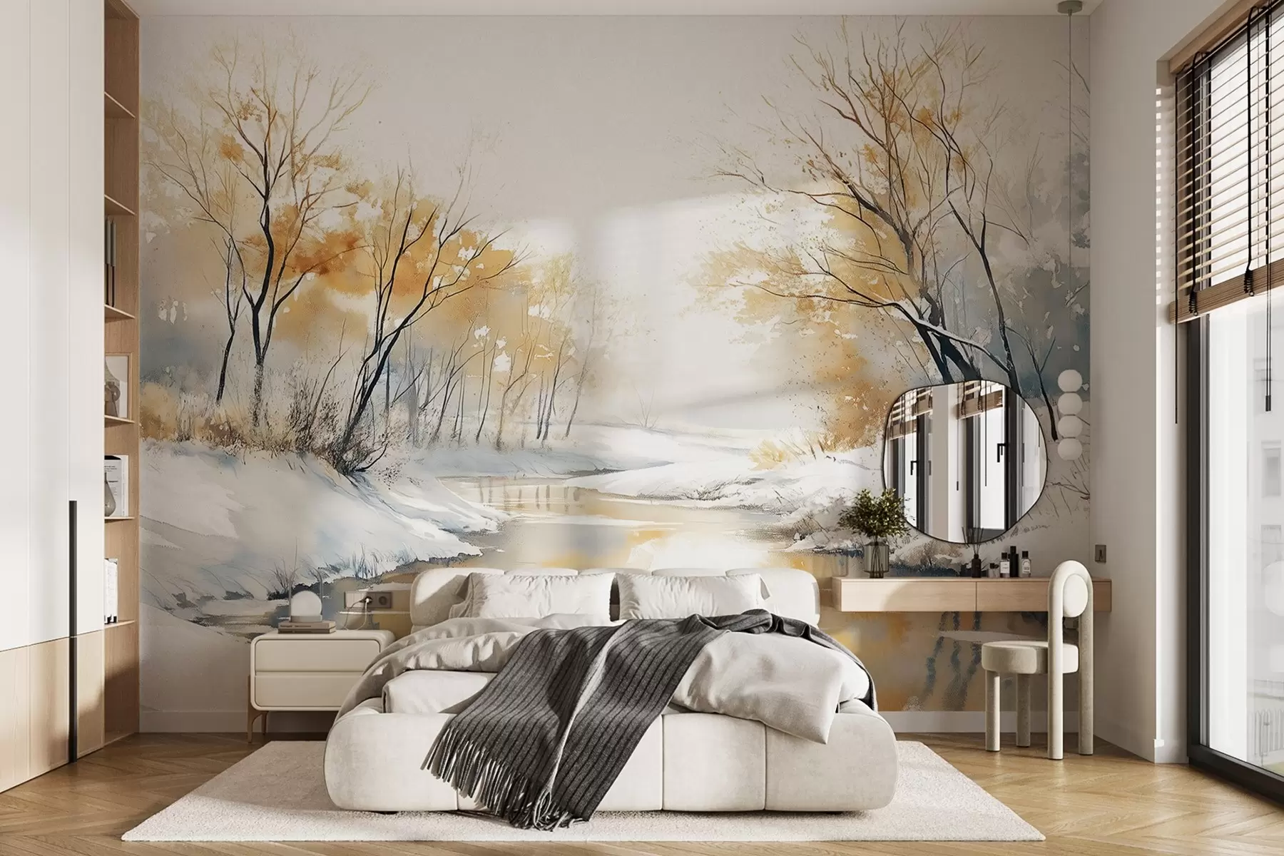 murales de pared Paisaje invernal de río con bosque, dibujo estilo acuarela w02743