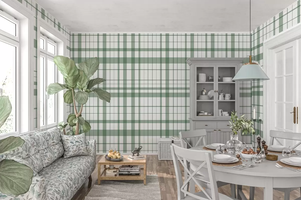 murales de pared Diseño minimalista a cuadros con líneas finas y verdes sobre fondo blanco, austeridad geométrica. w02852v3
