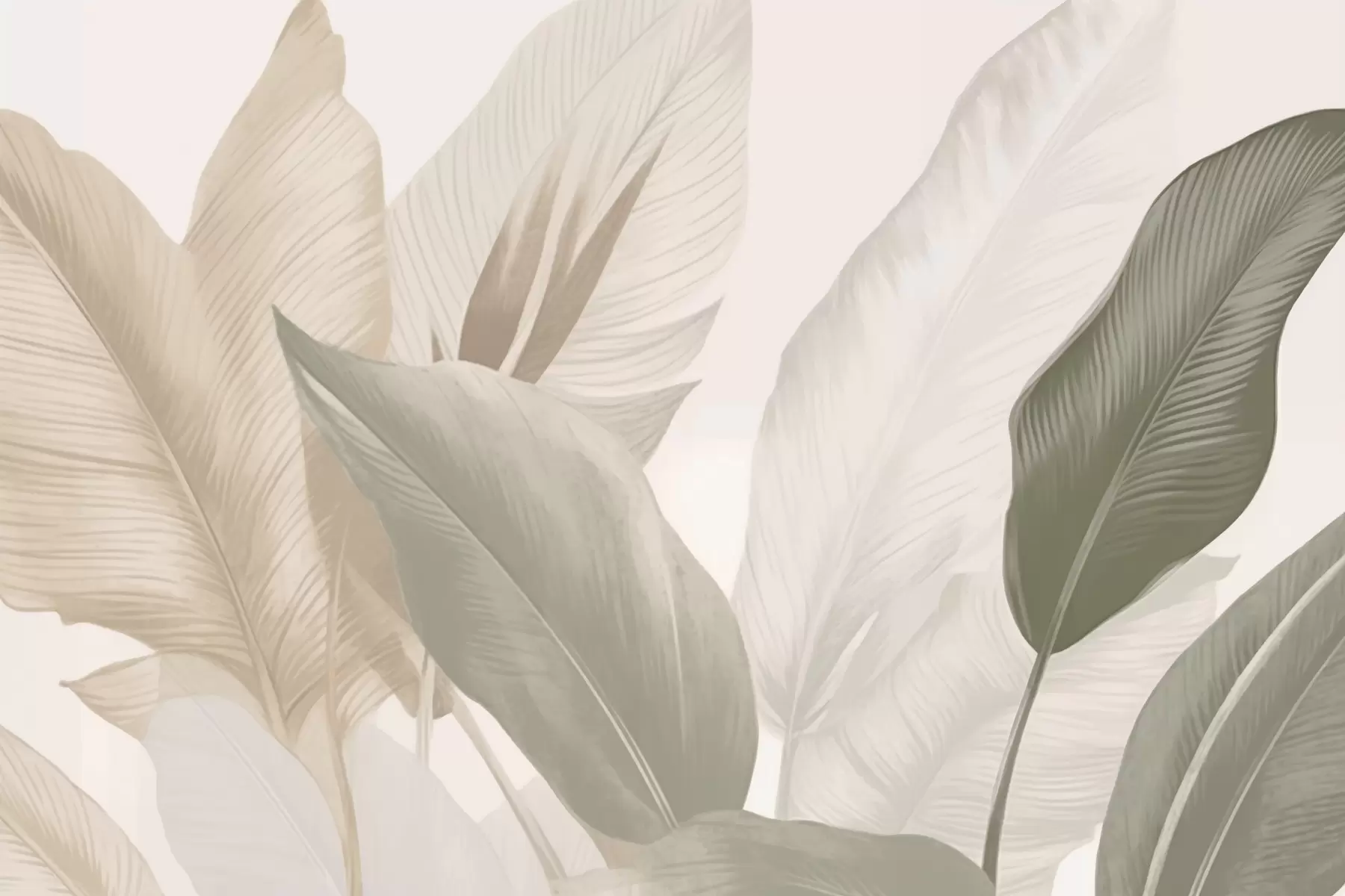 murales de pared Hojas tropicales en suaves tonos beige y verde, con efecto acuarela y suaves transiciones de color w02854