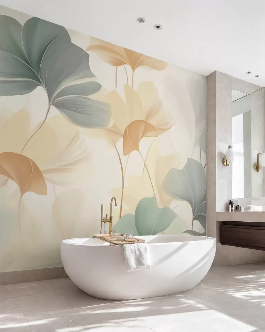 murales de pared Patrón de hojas de ginkgo en suaves tonos pastel, que combinan matices verdes, amarillos y crema para crear una sensación de ligereza y ligereza w02855
