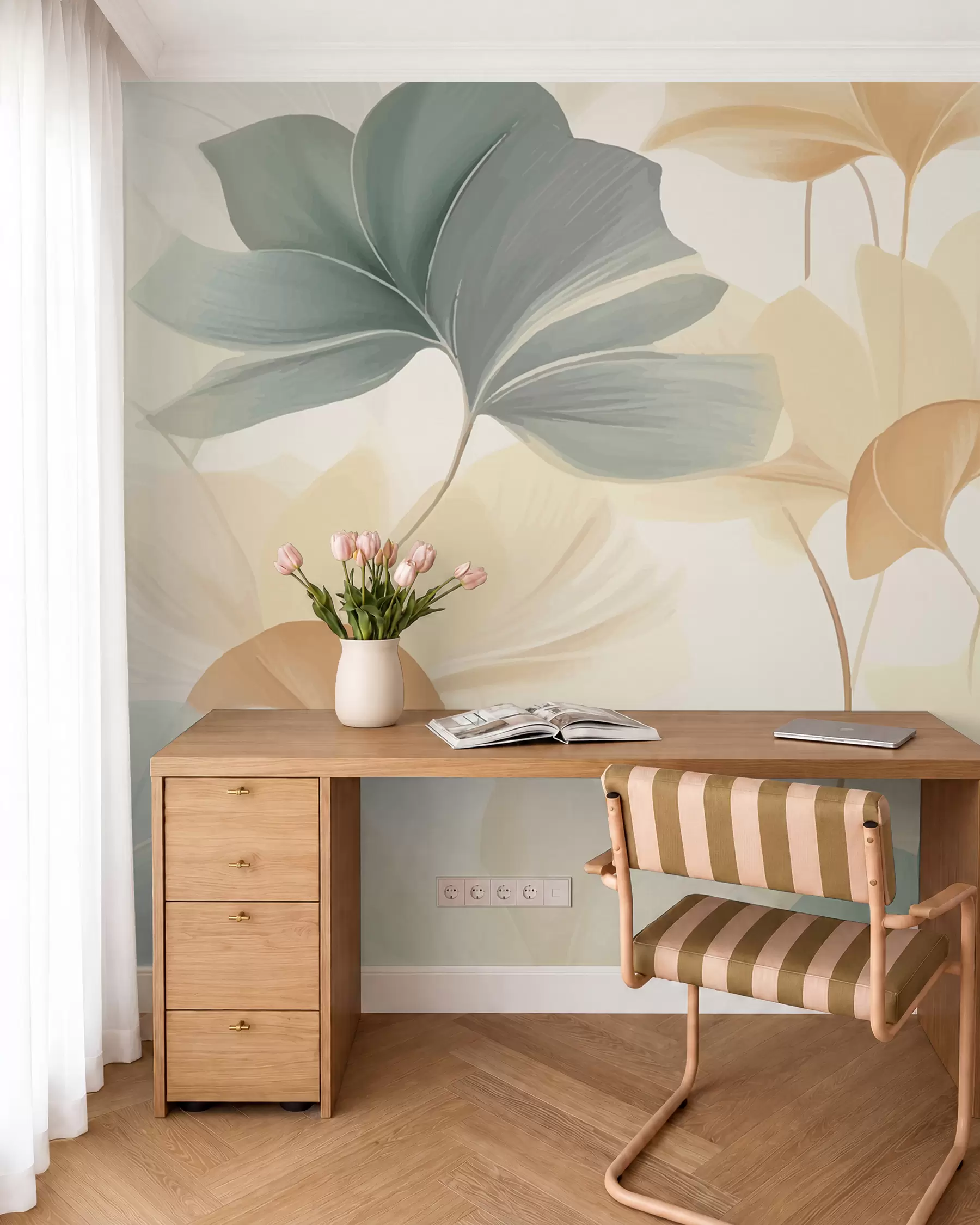 murales de pared Patrón de hojas de ginkgo en suaves tonos pastel, que combinan matices verdes, amarillos y crema para crear una sensación de ligereza y ligereza w02855