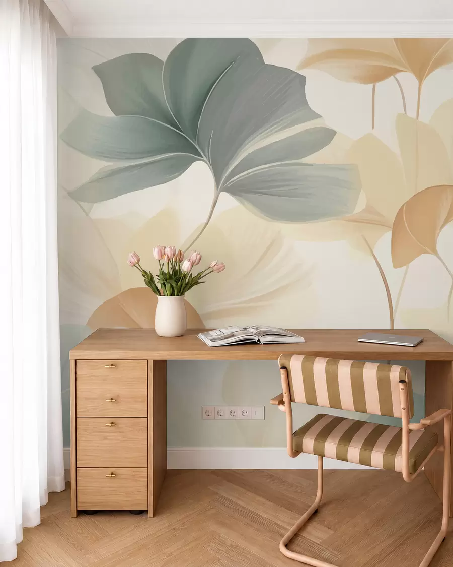 murales de pared Patrón de hojas de ginkgo en suaves tonos pastel, que combinan matices verdes, amarillos y crema para crear una sensación de ligereza y ligereza w02855