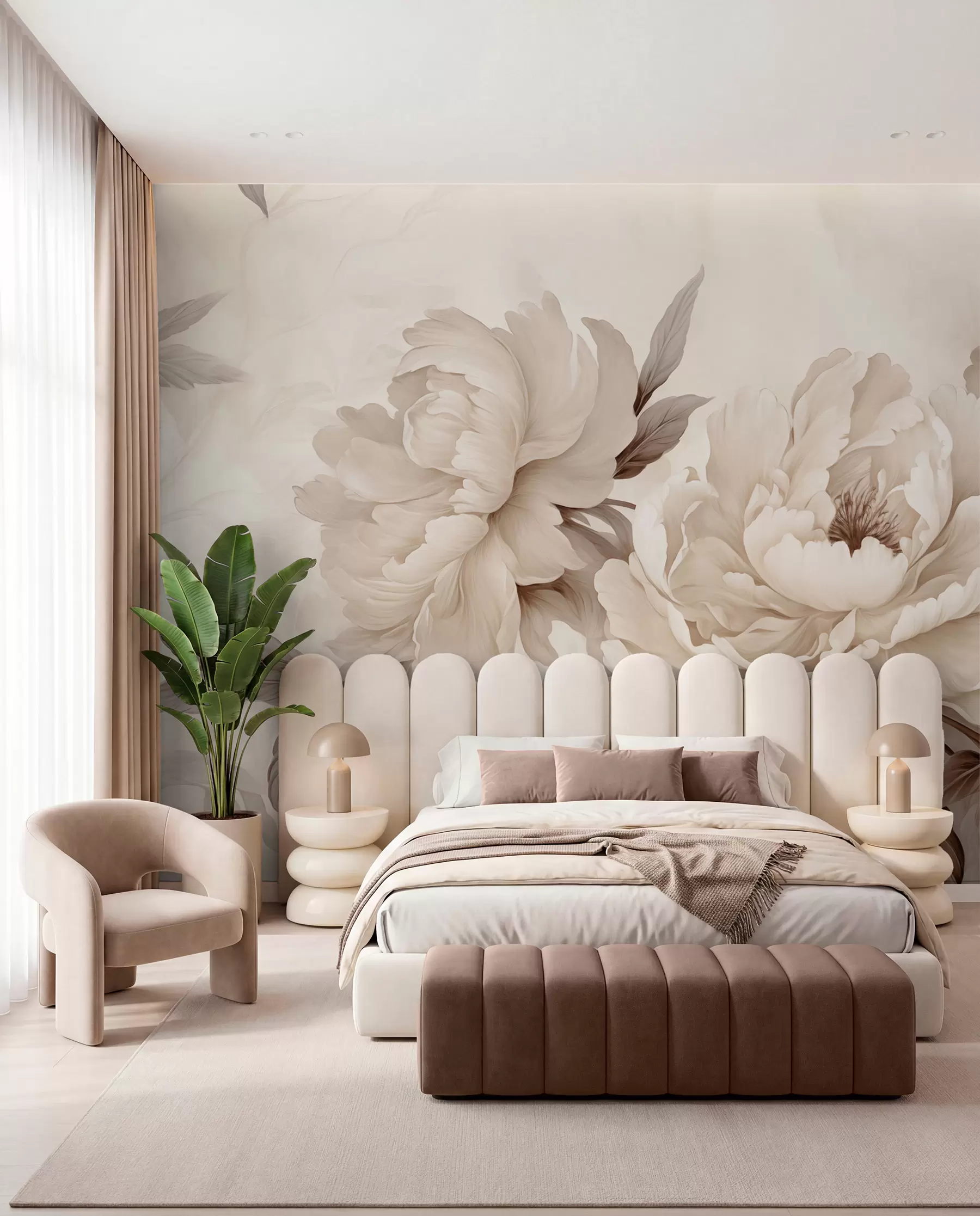 murales de pared Delicadas peonías en tonos beige crema, con refinados detalles de pétalos y hojas, que crean un ambiente cálido y sofisticado w02856v1