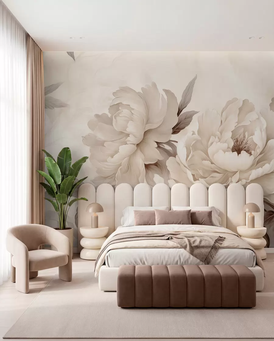 murales de pared Delicadas peonías en tonos beige crema, con refinados detalles de pétalos y hojas, que crean un ambiente cálido y sofisticado w02856v1
