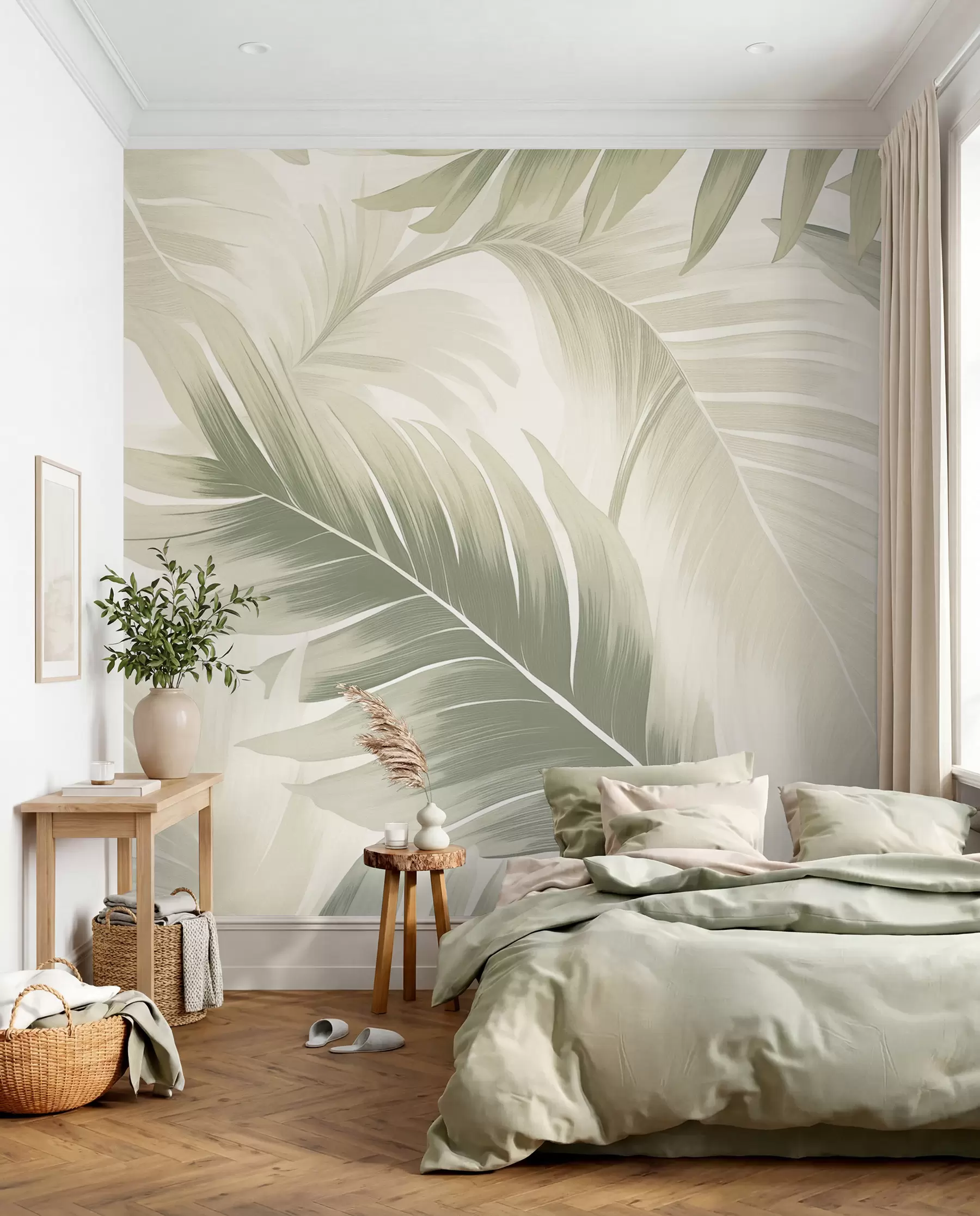 murales de pared Patrón de grandes hojas tropicales en suaves tonos verdes y beige, con suaves degradados y delicados detalles de textura w02858