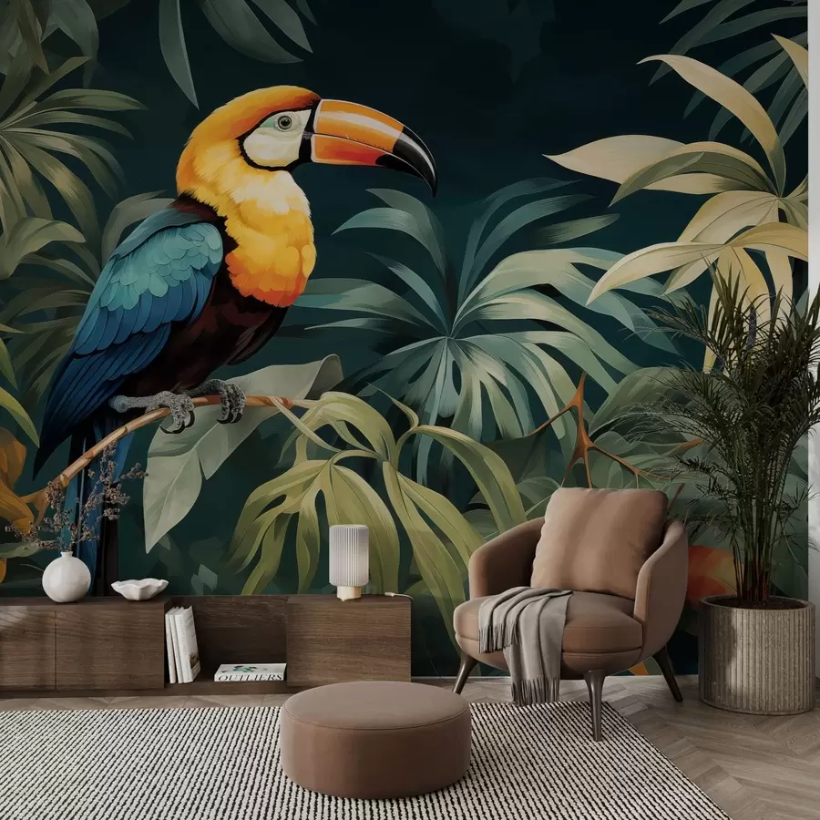 Murales de pared Paisaje tropical con un vibrante tucán posado en una rama, rodeado de exuberante follaje con grandes hojas en tonos verde intenso y amarillo. w02781 murales de pared Paisaje tropical con un vibrante tucán posado en una rama, rodeado de exuberante follaje con grandes hojas en tonos verde intenso y amarillo. w02781