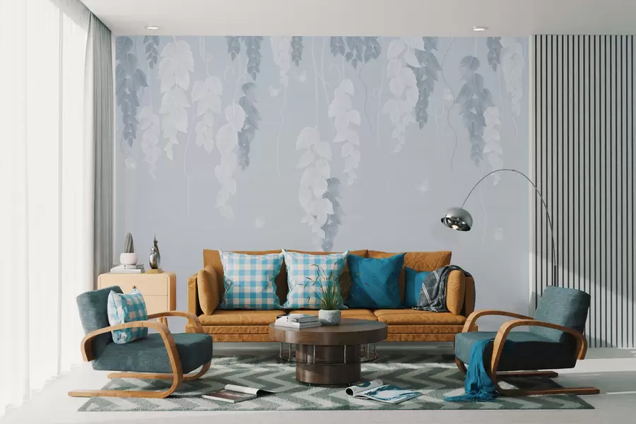 Murales de pared Hojas colgantes y mariposas en azul w02655v1 murales de pared Hojas colgantes y mariposas en azul w02655v1