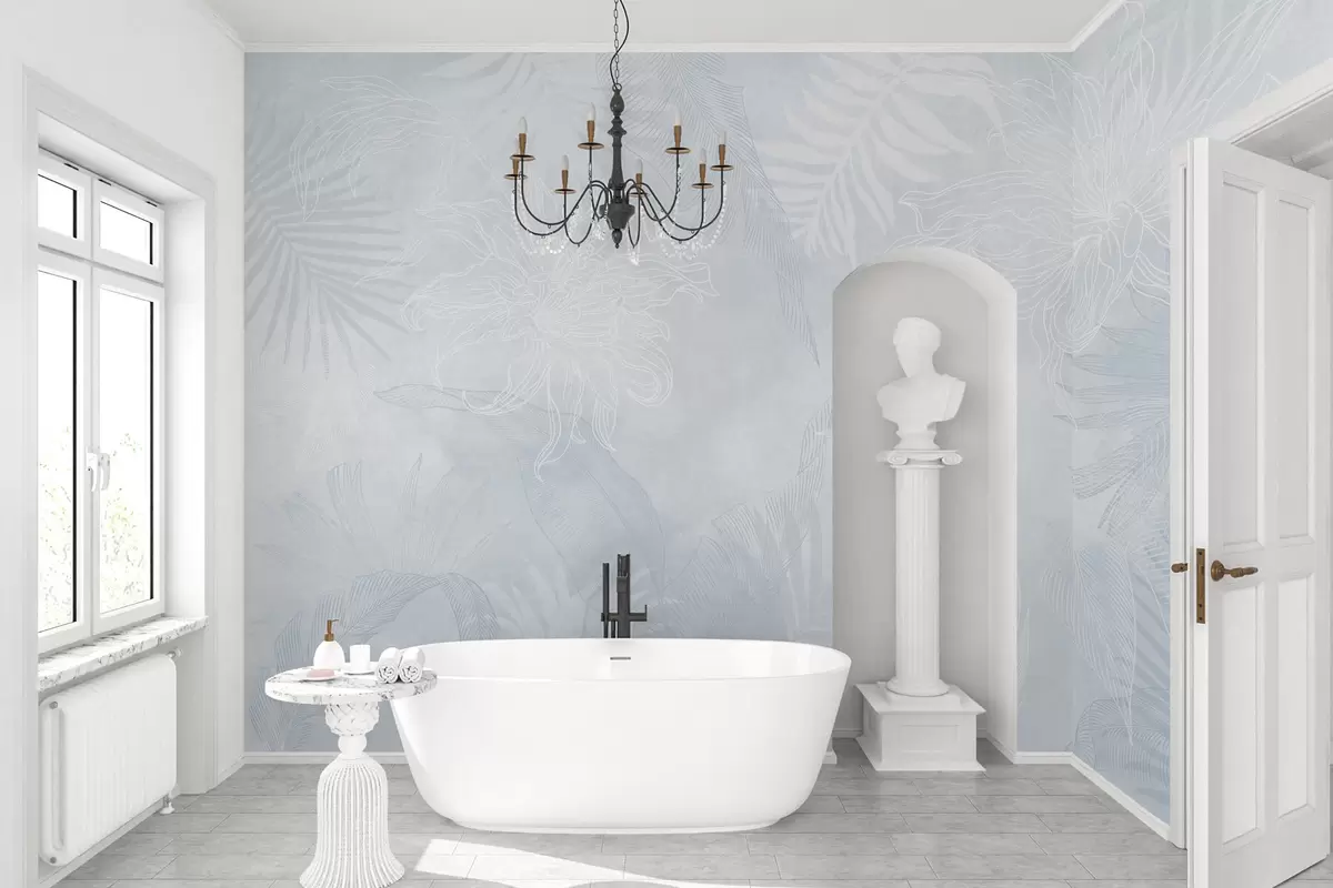 murales de pared Follaje tropical con efecto grunge y tinte azulado w02737v3