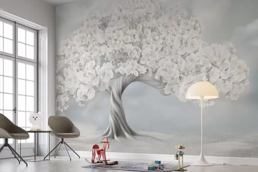 murales de pared Gran árbol en flor con nubes al fondo w02748