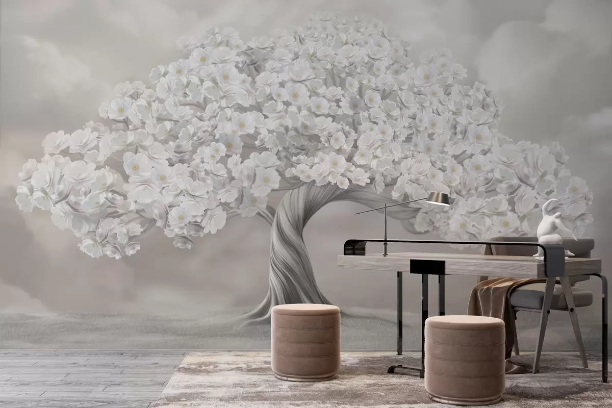 murales de pared Gran árbol florido con nubes de fondo en colores pastel w02748v1