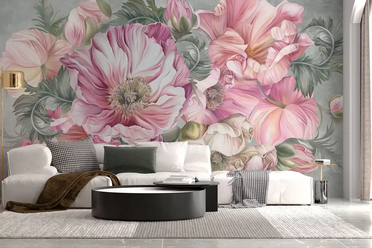 Murales de pared Amapolas en flor sobre una pared gris w02749 murales de pared Amapolas en flor sobre una pared gris w02749