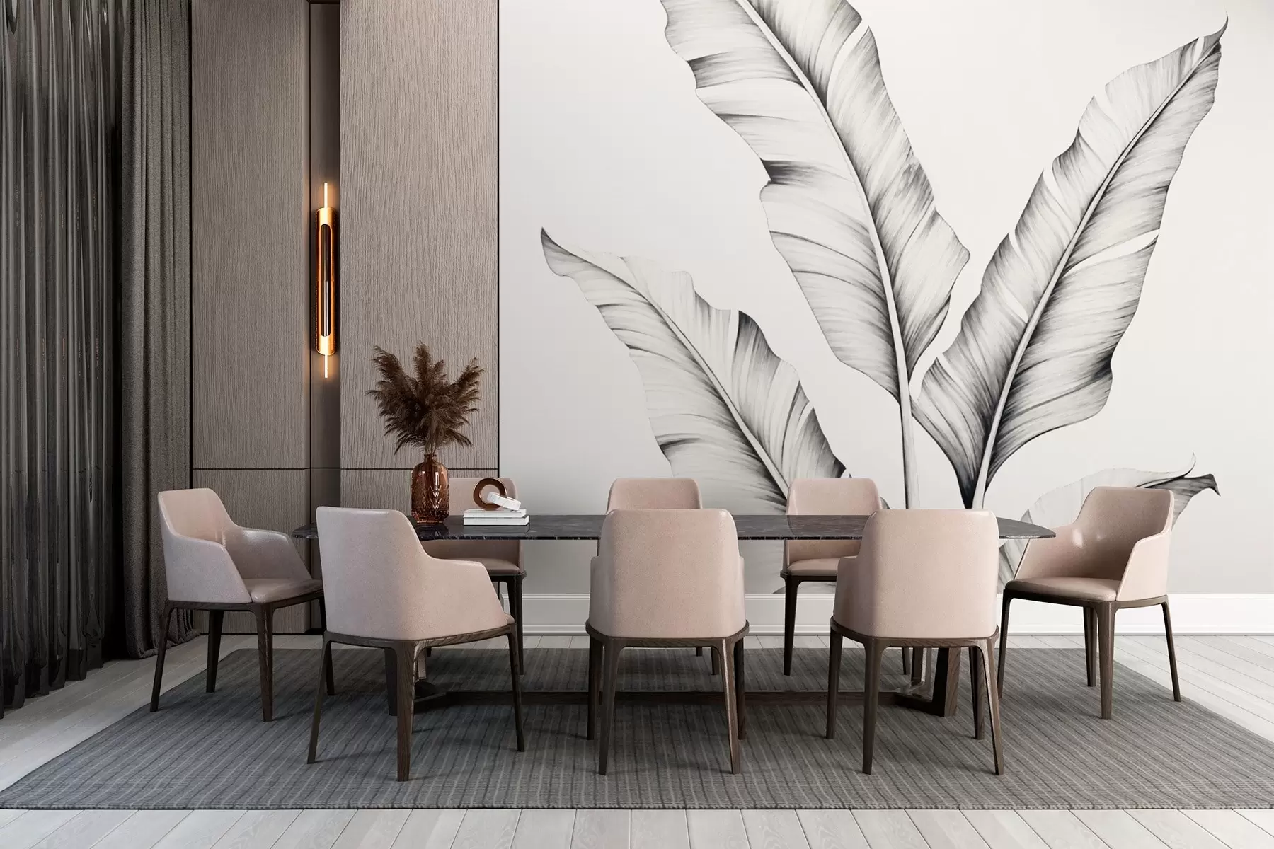 murales de pared Gráfico de hojas de plátano en blanco y negro w02866