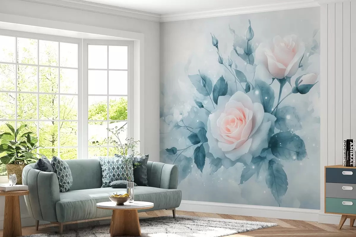 Murales de pared Delicadas rosas melocotón en tonos turquesa en estilo acuarela w02871 murales de pared Delicadas rosas melocotón en tonos turquesa en estilo acuarela w02871