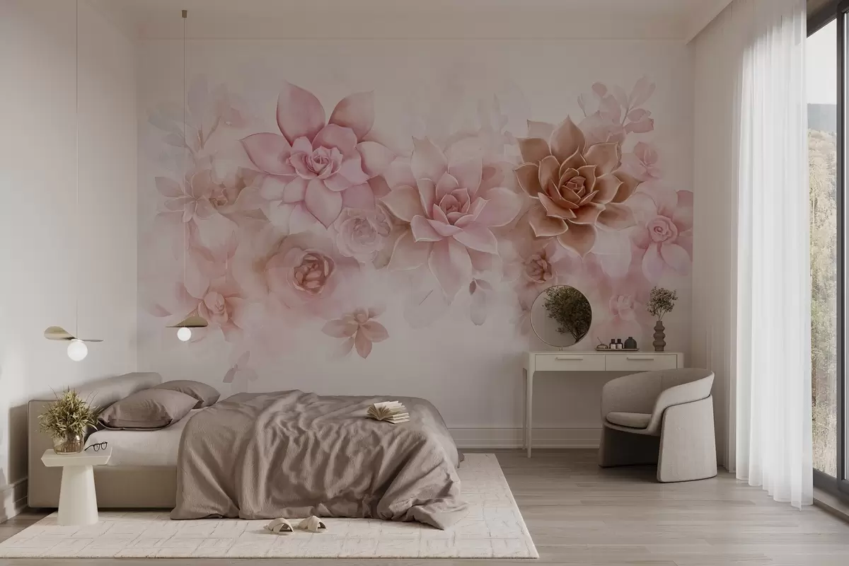 murales de pared Delicadas y exuberantes suculentas y elementos florales en estilo acuarela de colores cálidos w02873