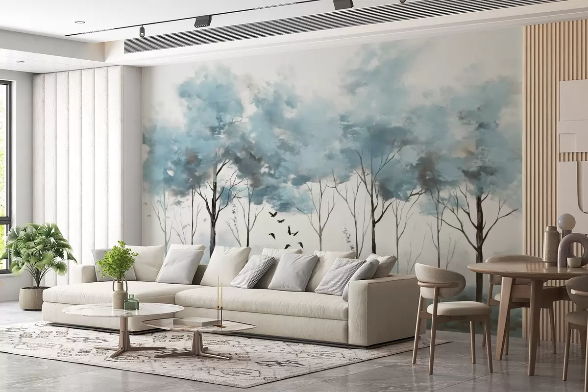 murales de pared Árboles en colores pastel y superficie acuática w02780