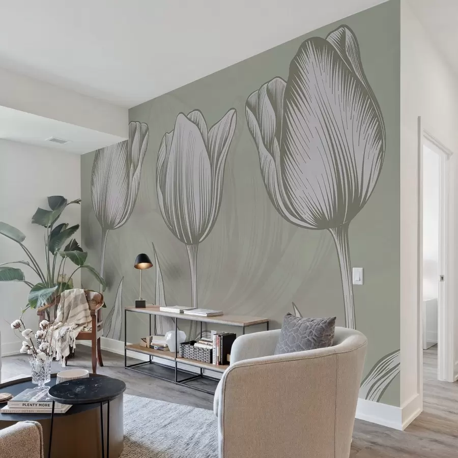 Murales de pared Elegantes tulipanes sobre fondo verde w02786v2 murales de pared Elegantes tulipanes sobre fondo verde w02786v2