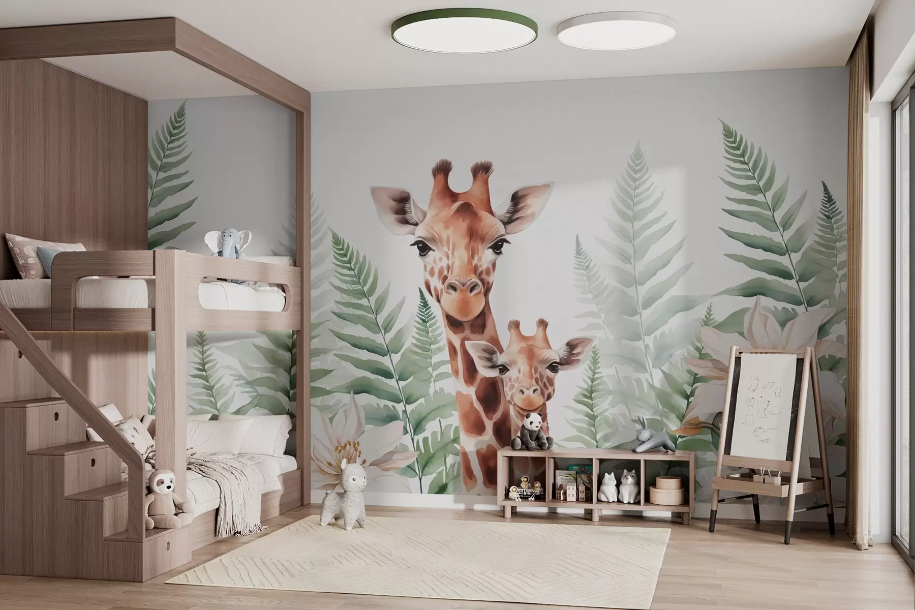 murales de pared Jirafas en hojas de helecho imitación acuarela w02886