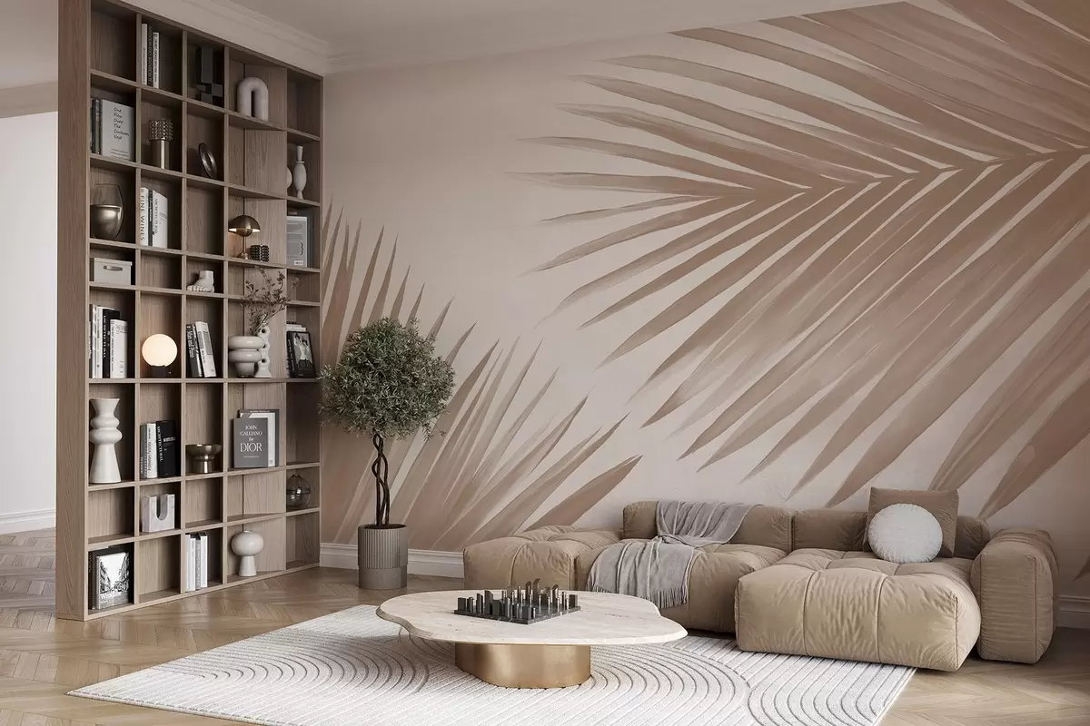 murales de pared Hojas de palmera abstractas de color beige w08653v1