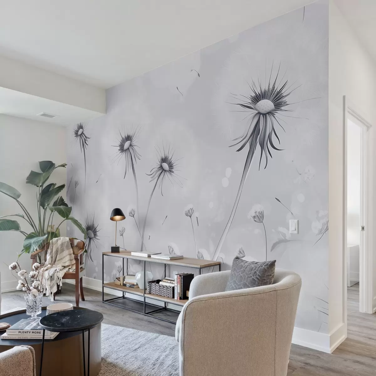 Murales de pared Elegantes dientes de león y flores silvestres en estilo pictórico en tonos azules w08657v2 murales de pared Elegantes dientes de león y flores silvestres en estilo pictórico en tonos azules w08657v2