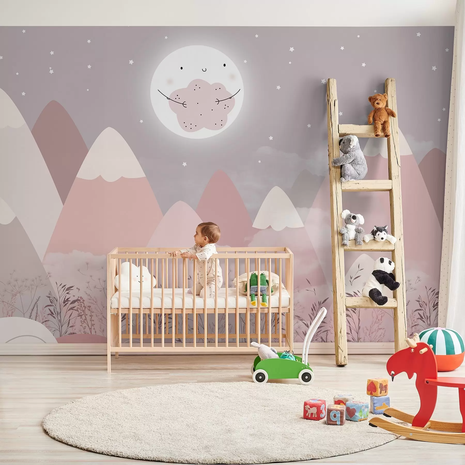 murales de pared Montañas infantiles con una simpática luna y plantas en la parte inferior w08659