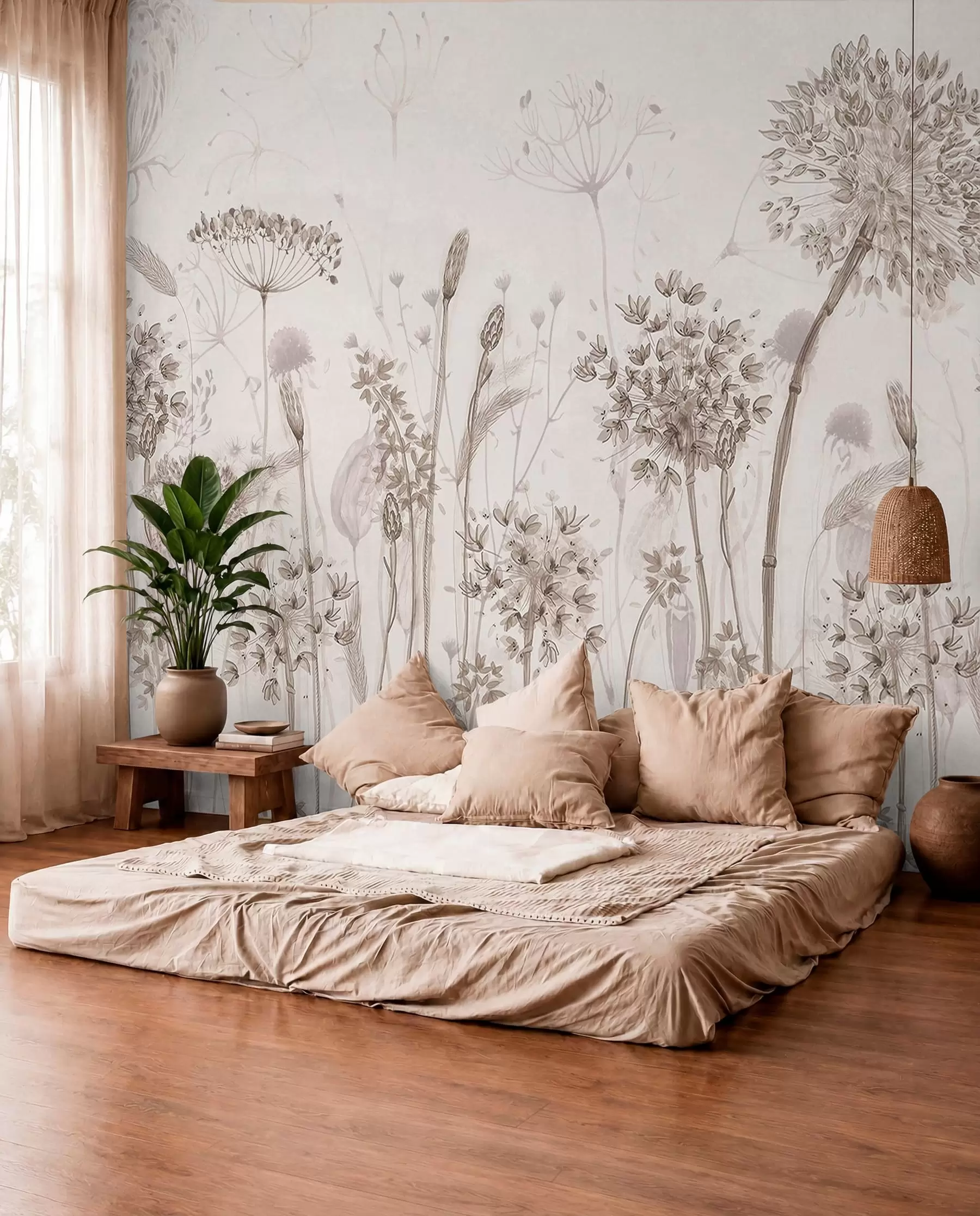 murales de pared Dientes de león y flores silvestres en estilo acuarela w08637