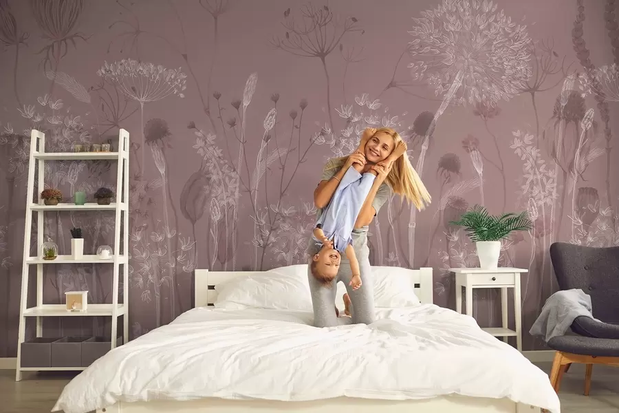 murales de pared Dientes de león y flores silvestres en estilo acuarela en tonos rosados w08637v1