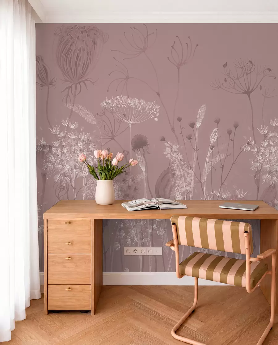 murales de pared Dientes de león y flores silvestres en estilo acuarela en tonos rosados w08637v1