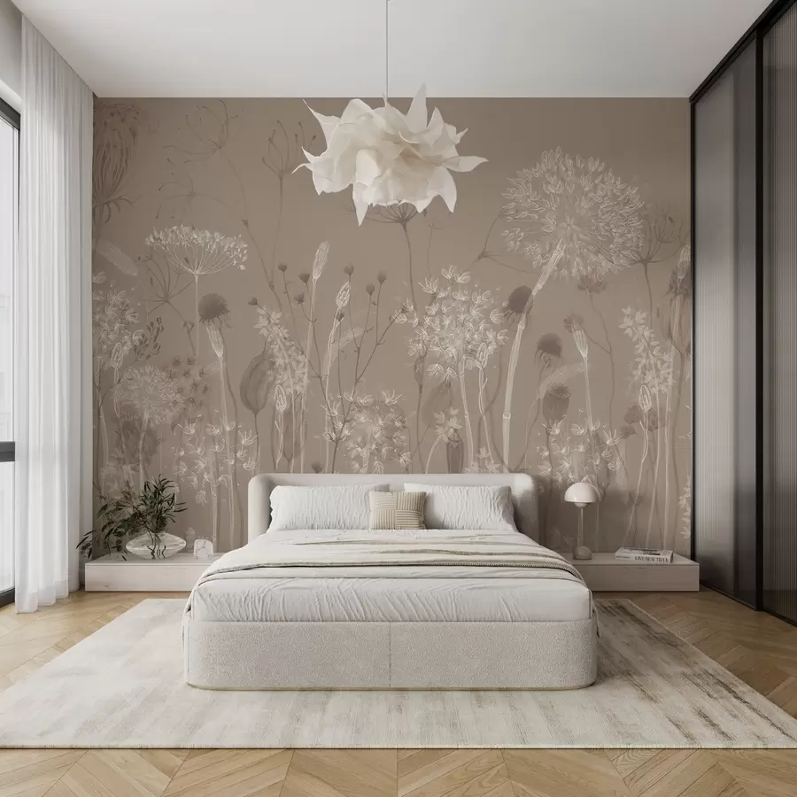 murales de pared Gracioso estampado con delicados dientes de león, plantas y flores silvestres en tonos beige-gris w08637v2