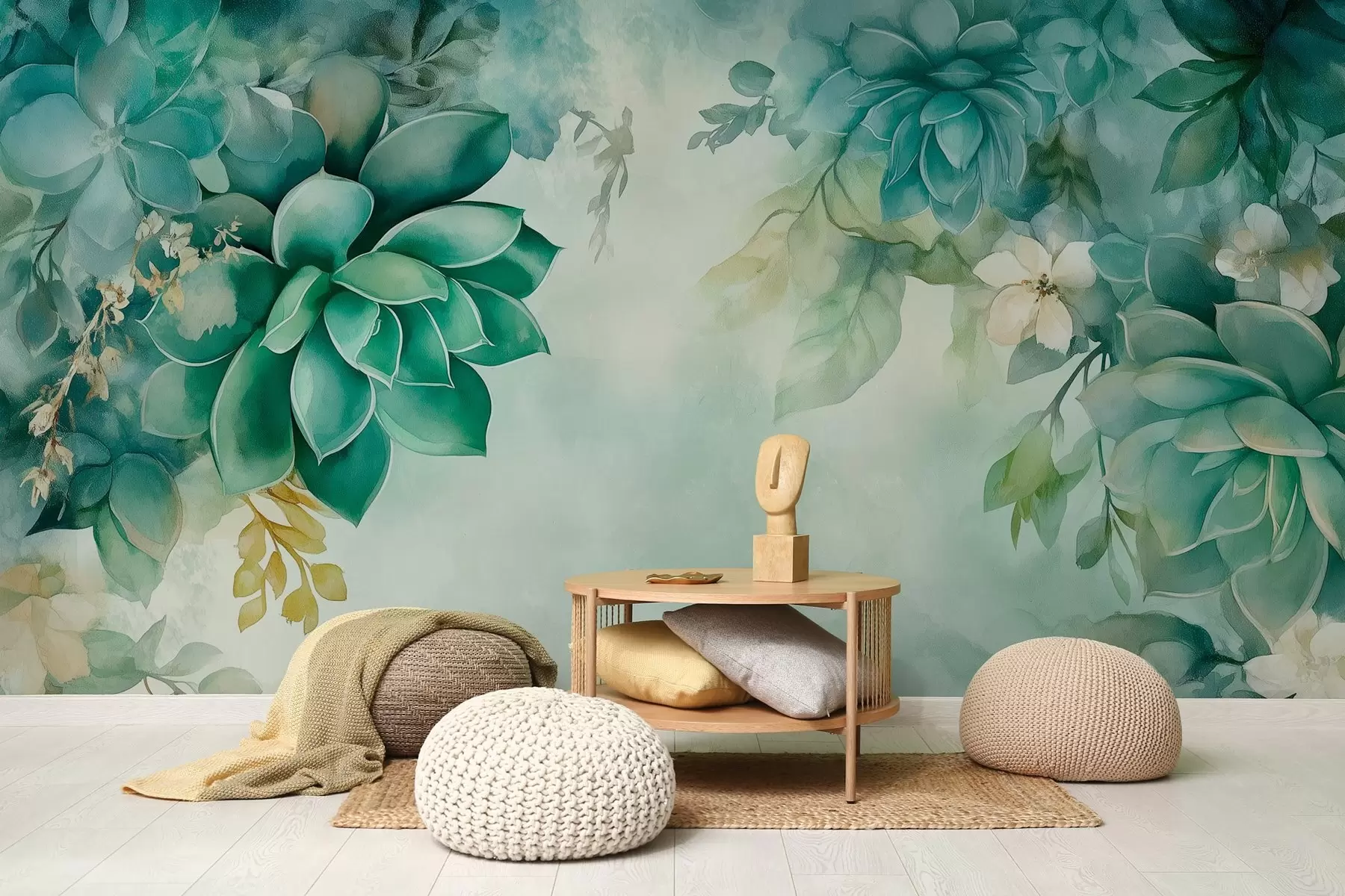 murales de pared Delicadas y exuberantes suculentas y elementos florales en estilo acuarela en tonos verdes w02874