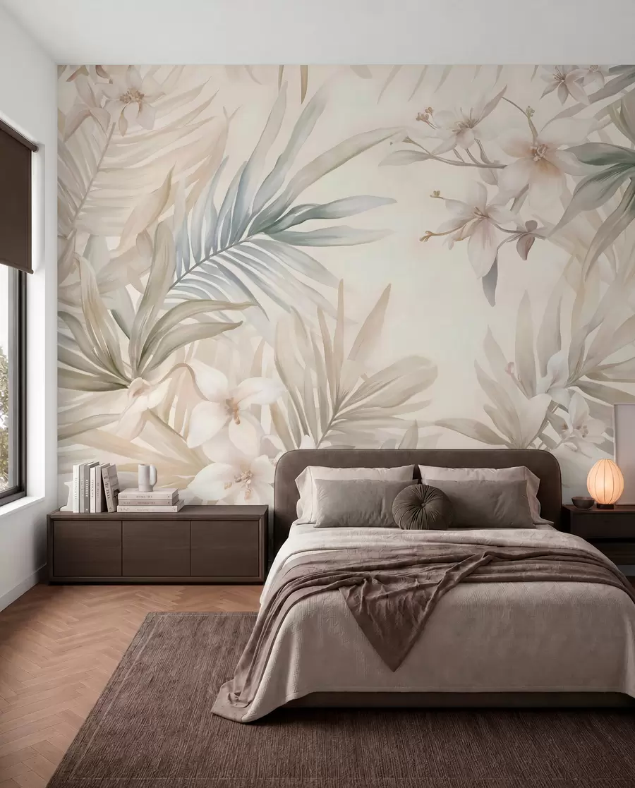 murales de pared Hojas y flores tropicales de colores pastel, con verdes claros, cremas y rosas sutiles w08660