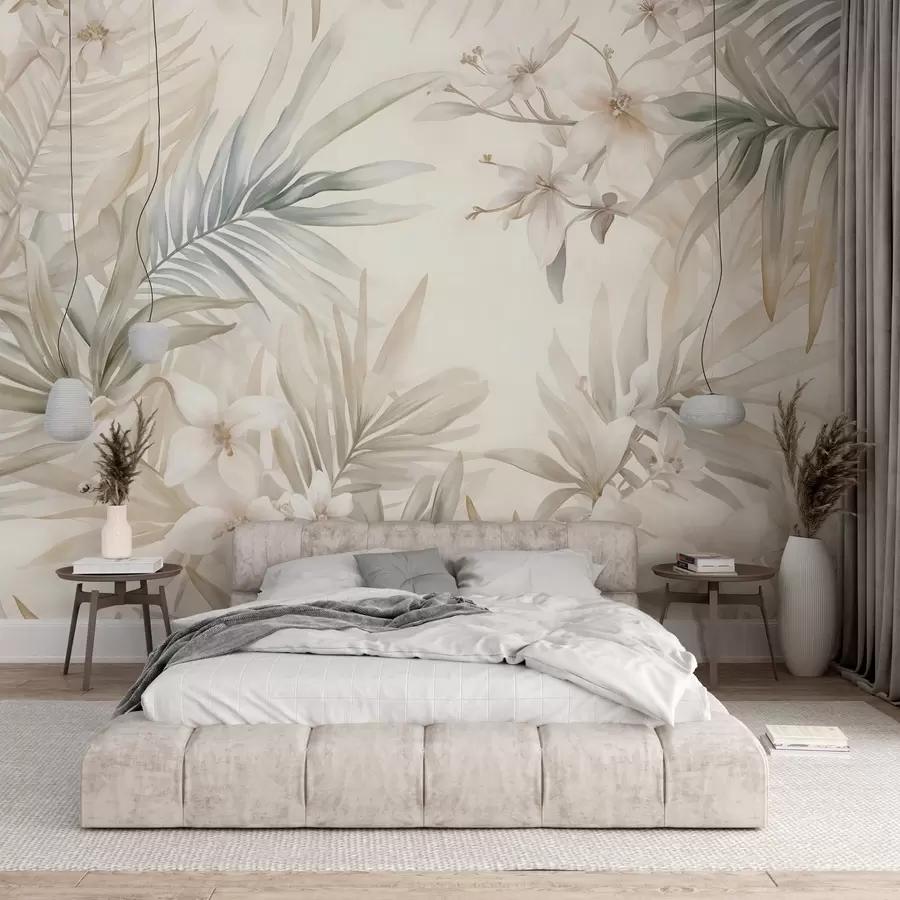 murales de pared Hojas y flores tropicales de colores pastel, con verdes claros, cremas y rosas sutiles w08660