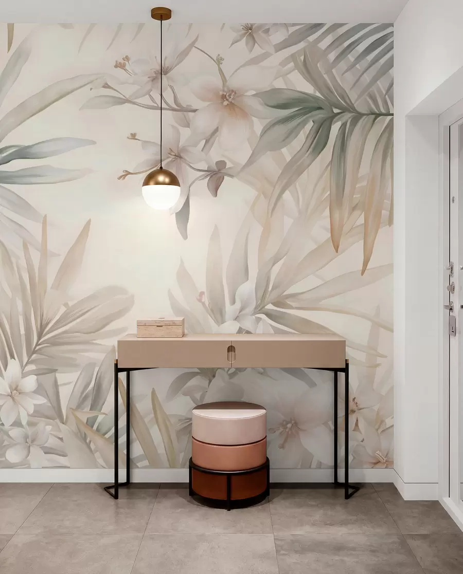 murales de pared Hojas y flores tropicales de colores pastel, con verdes claros, cremas y rosas sutiles w08660