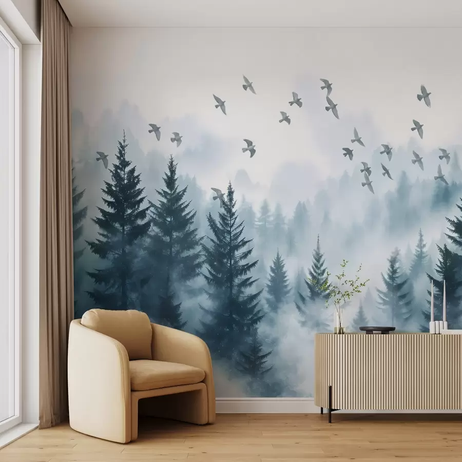 murales de pared Tranquilo bosque de niebla con árboles en tonos azules y bandadas de pájaros volando en el cielo  w08664