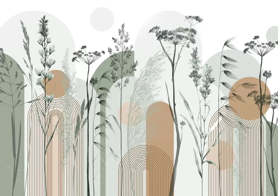 murales de pared Colección de plantas y flores en tonos neutros sobre fondo de arco abstracto en suaves tonos verdes y naranjas w08665v1