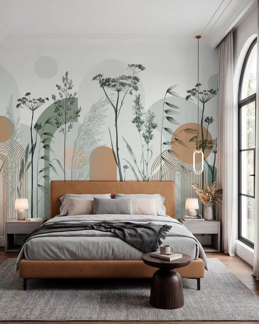 murales de pared Colección de plantas y flores en tonos neutros sobre fondo de arco abstracto en suaves tonos verdes y naranjas w08665v1