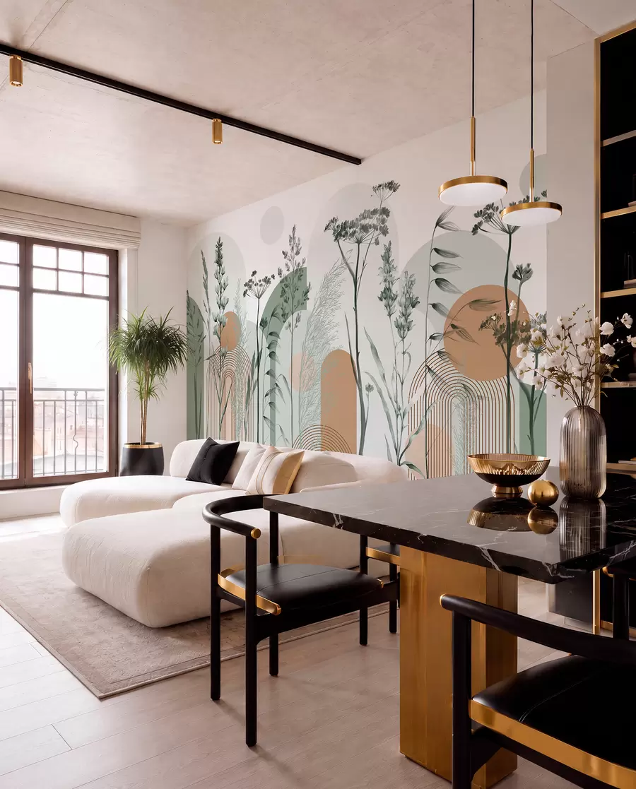 murales de pared Colección de plantas y flores en tonos neutros sobre fondo de arco abstracto en suaves tonos verdes y naranjas w08665v1