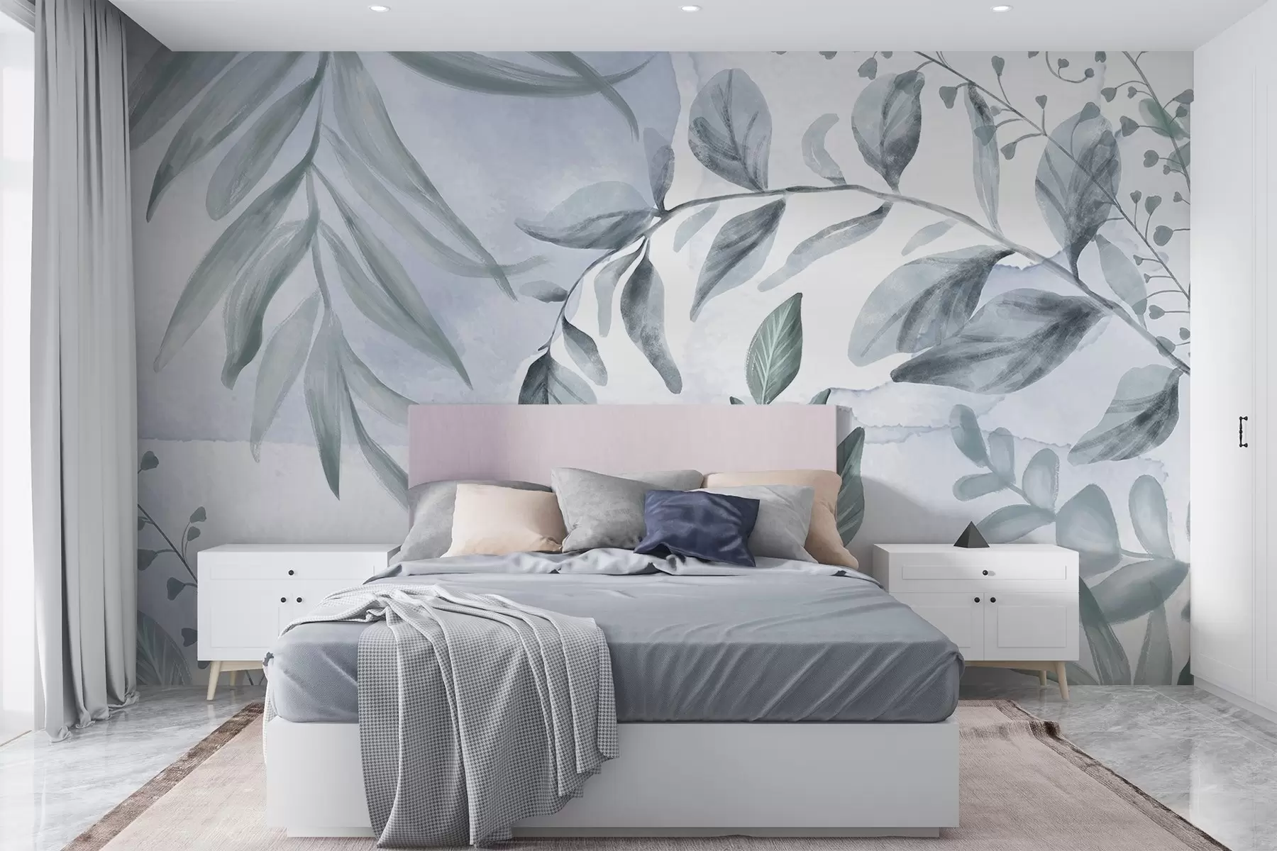 murales de pared Estampado botánico con hojas y ramas florales en suaves colores pastel, sobre fondo de acuarela w08668v1