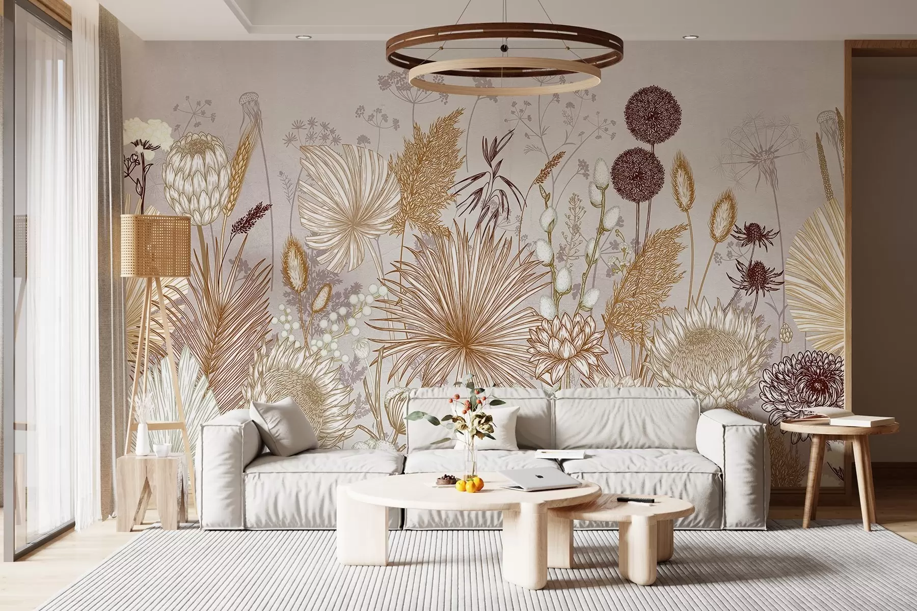 murales de pared Flores y plantas en cálidos tonos beige de estilo botánico que muestran una gran variedad de formas y texturas  w08672