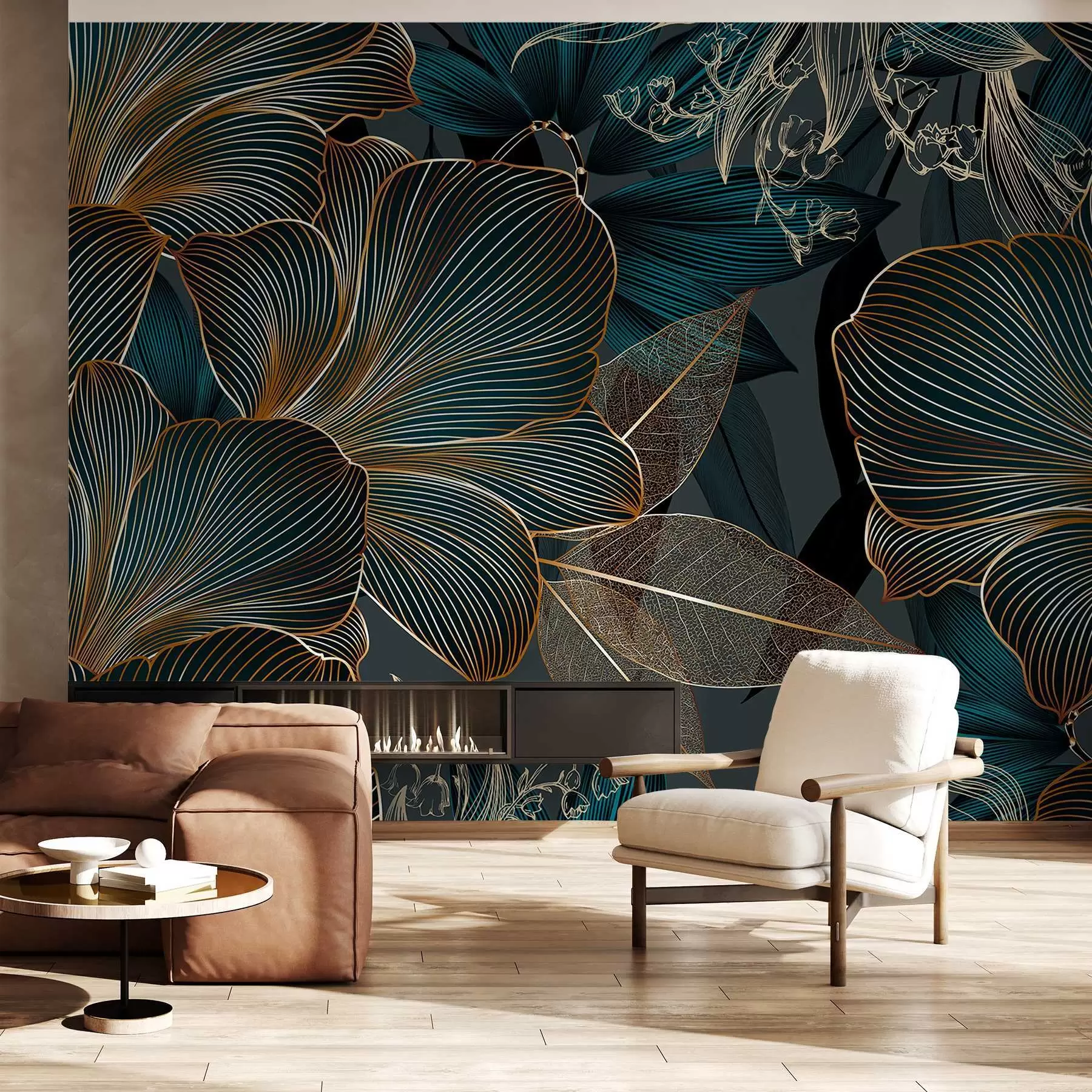 murales de pared Flores y hojas estilizadas con intrincadas líneas en tonos verde azulado y amarillo sobre fondo oscuro w08675