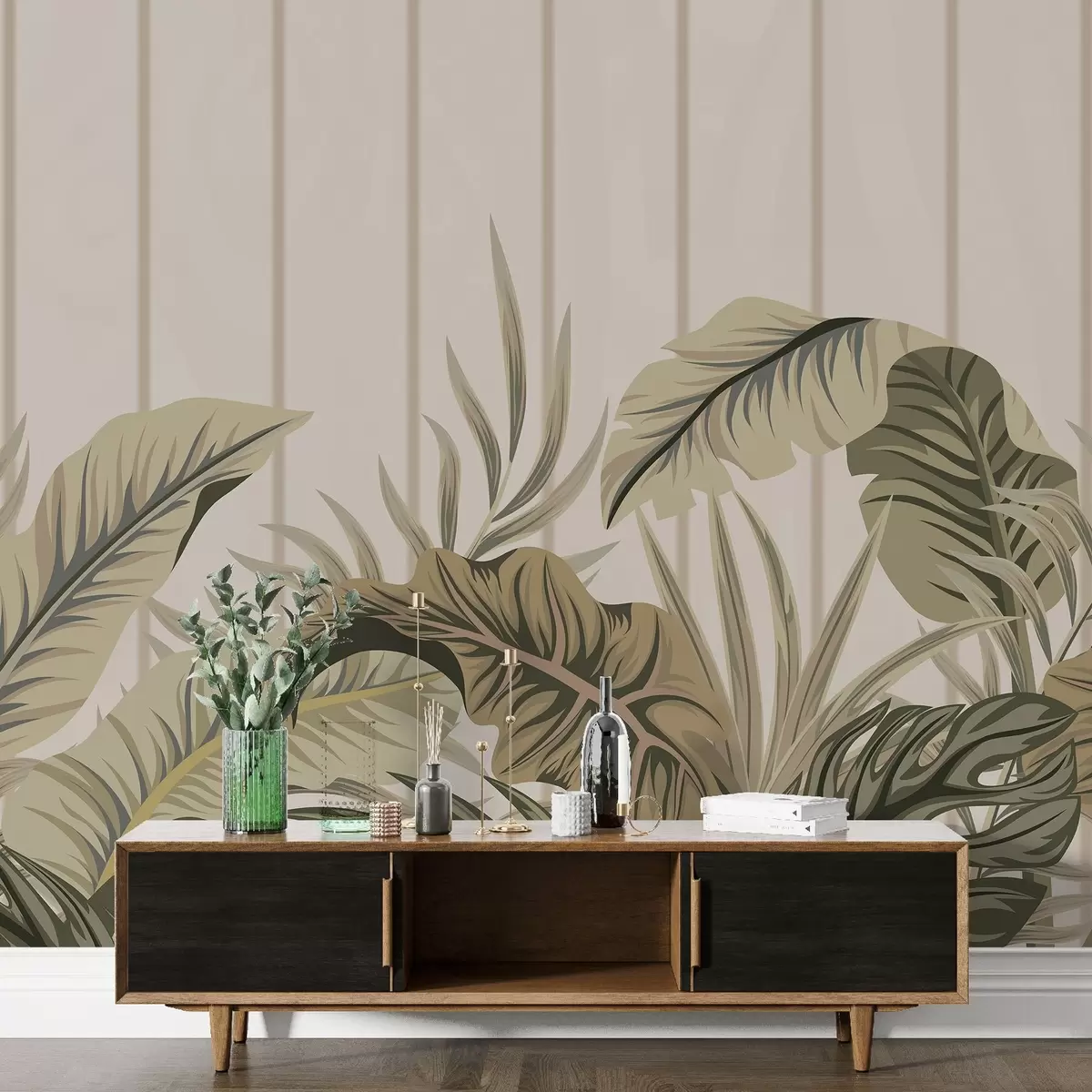 murales de pared Motivo de follaje tropical en tonos verdes y beige apagados sobre fondo claro con líneas verticales w08683