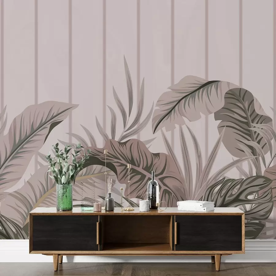 murales de pared Motivo de follaje tropical en tonos verdes y beige apagados sobre fondo claro con líneas verticales w08683v1